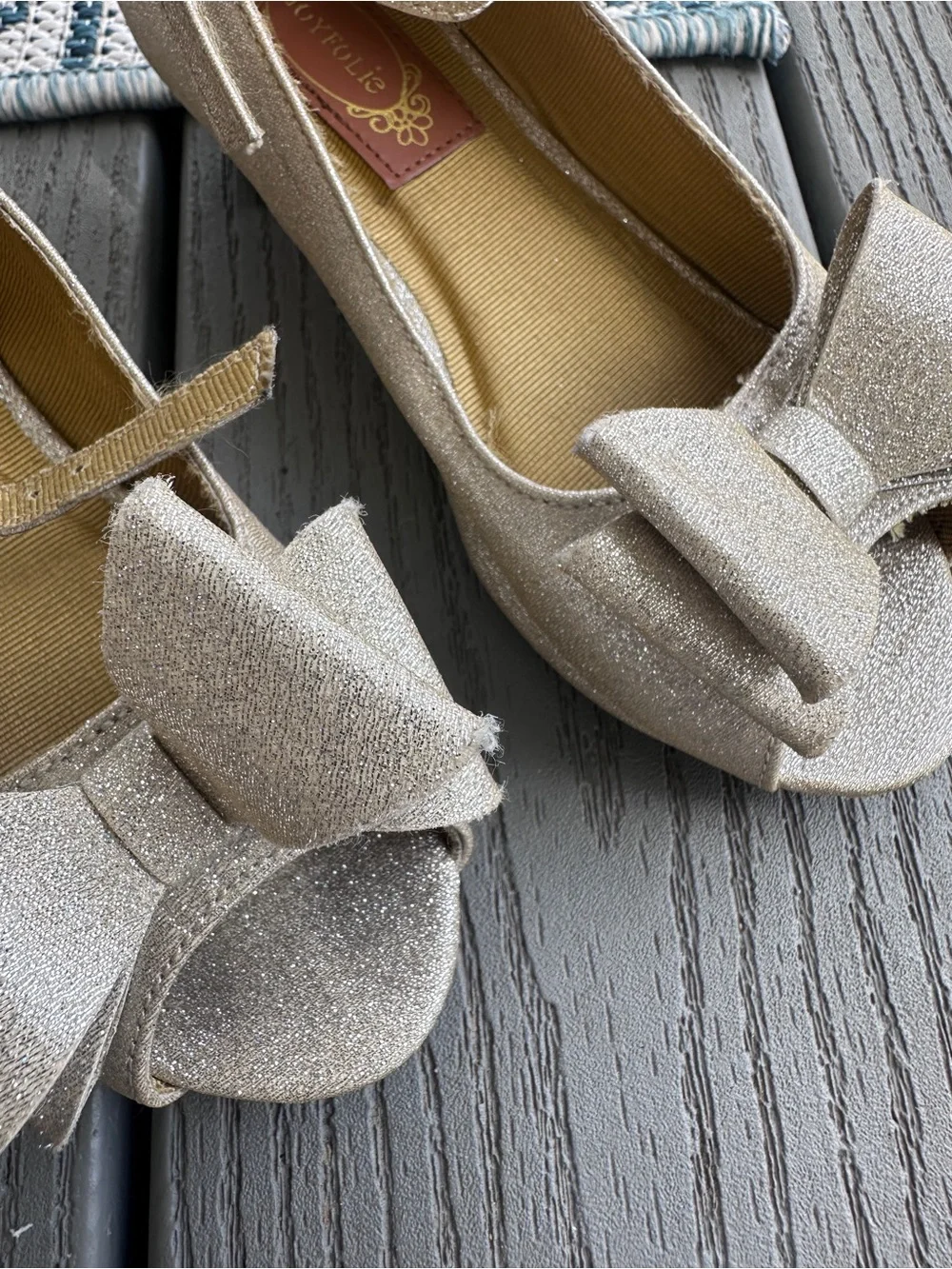Joyfolie Valeria light Gold Glitter Bow Peep-Toe Ankle Strap Heels